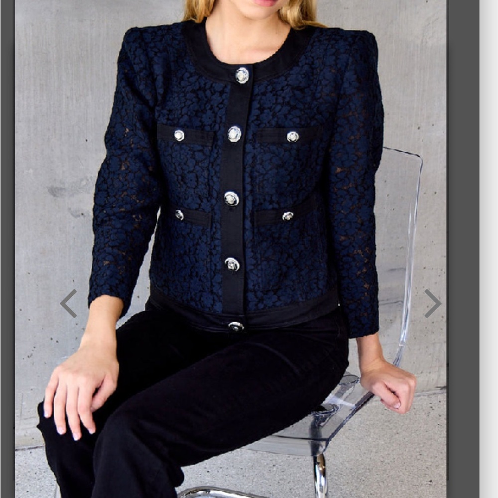 Elie Tahari Navy Lace Button-Front Blazer - Picture 3 of 15